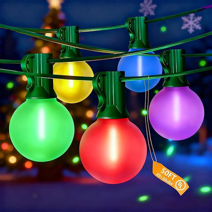 50Ft Outdoor Globe String Lights, LED G40 Colored Christmas Lights with 27 Shatterproof Frosted Globe Light Bulbs(2 Spare) for Holiday Gifts Bistro Balcony Roofline Garden Decor-Multicolor