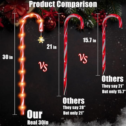 20 Pack 36" Candy Cane Lights Outdoor Pathway with Timer 6/18H, Real 30" (36" with Stake) Tall Candy Cane Pathway Lights, 62FT Christmas Decorations Outside, 8 Modes Warm LED Lights with Snowflake