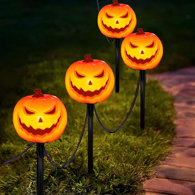 SUNSGNE Halloween Pathway Lights, Set of 4 Halloween Pumpkin Stake Lights with 5 C7 LED Light Bulbs(1 Spare), Connectable Pumpkin Light for Path Walkway Driveway Garden Decorations