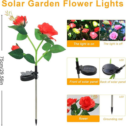 Garden 4 Pack LED Solar Flower Lights with More Realistic Rose Flowers Solar Garden Lights Outdoor Waterproof for Yard Patio Lawn Pathway Walkway Decoration 4-Pack Yellow & Pink & Red & White Combo