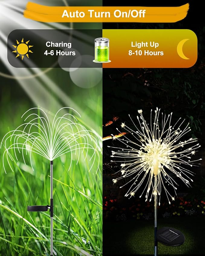 Solar Firework Lights Outdoor Waterproof 2Pcs 150 LED with 8 Modes DIY Stake Landscape Light for Outside Garden Yard Pathway Party Decor Christmas Decoration Solar Starburst Lights Warm White