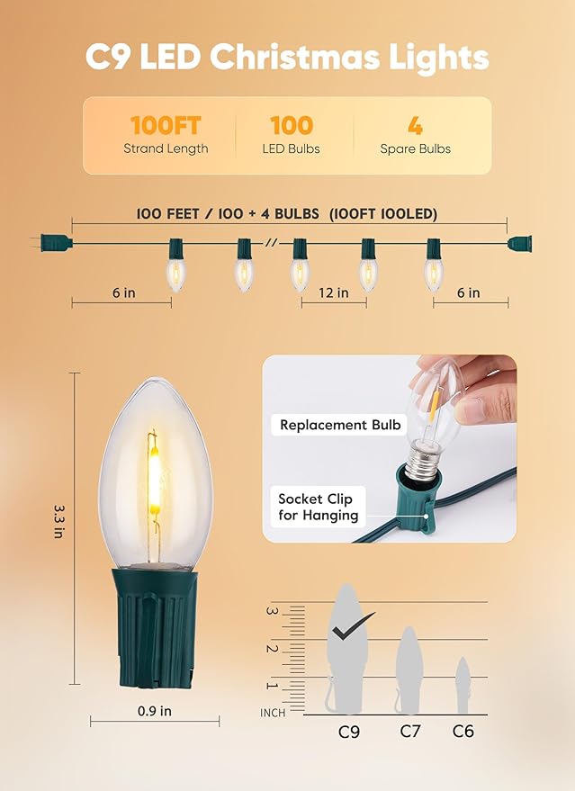 Vintage C9 LED Christmas Lights, 100 Feet C9 String Lights with 100 LED C9 Plastic Bulbs, Waterproof Connectable | Lumora