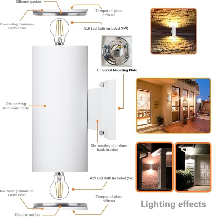 Outdoor Wall Light, Exterior Lighting - ETL Listed, 2 Light Bulbs Included, Aluminum Waterproof Wall Mount Cylinder Design - Up Down Light Fixture for Porch, Backyard and Patio