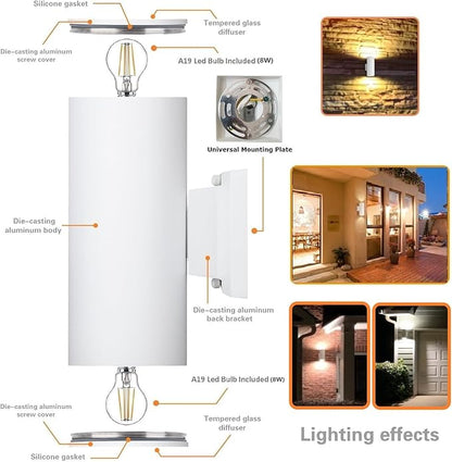 Outdoor Wall Light, Exterior Lighting - ETL Listed, 2 Light Bulbs Included, Aluminum Waterproof Wall Mount Cylinder Design - Up Down Light Fixture for Porch, Backyard and Patio