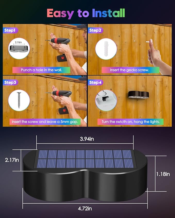Upgraded Solar Fence Lights Outdoor 8 Pack with Spot Lensed, Warm White, Cold White & RGB 8 Fixed Colors Bright Fence Lights, Waterproof Color Glow Lights for Fence Wall Step Deck Railing Patio
