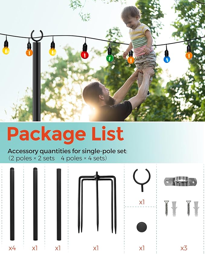 LAND·VOI 4 Pack String Light Poles, 9FT Heavy Duty Metal Light Poles for Outside String Lights, Outdoor light poles | Lumora