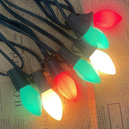 25Ft Red White and Green Christmas Lights,C7 Incandescent Christmas Lights with 27 White Red and Green Light Bulbs, Hanging Outdoor String Light for Tree Patio Wedding Party Decoration