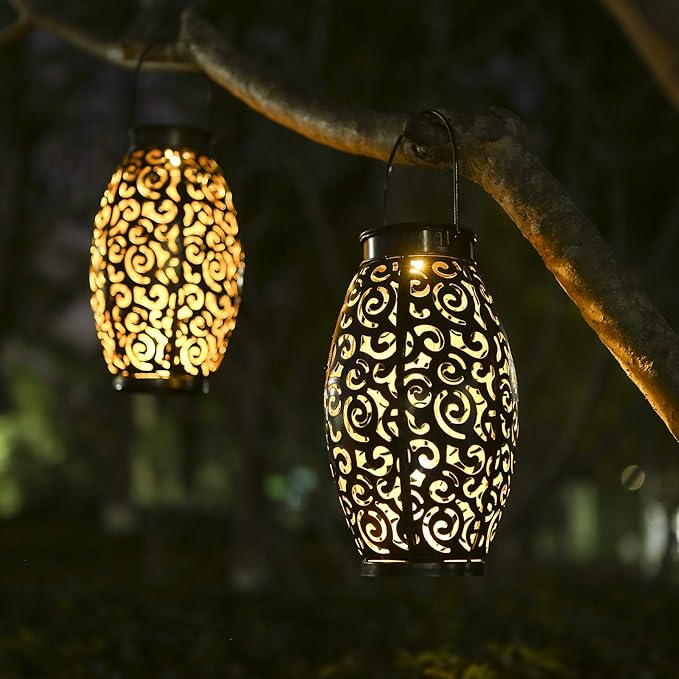 2 Pack Metal Hanging Solar Lanterns - Outdoor Solar Powered Lanterns with Handle, Waterproof, Decorative Garden Lights for Patio, Yard, Pathway, Walkway, Porch