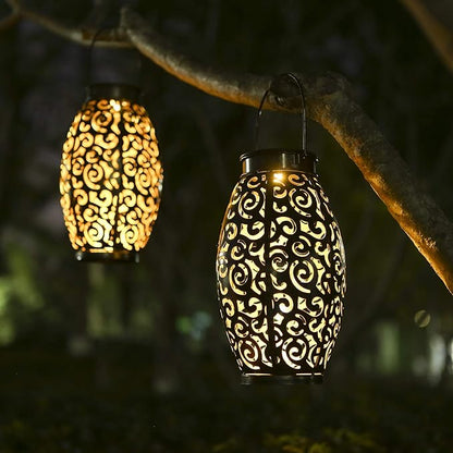 2 Pack Metal Hanging Solar Lanterns - Outdoor Solar Powered Lanterns with Handle, Waterproof, Decorative Garden Lights for Patio, Yard, Pathway, Walkway, Porch