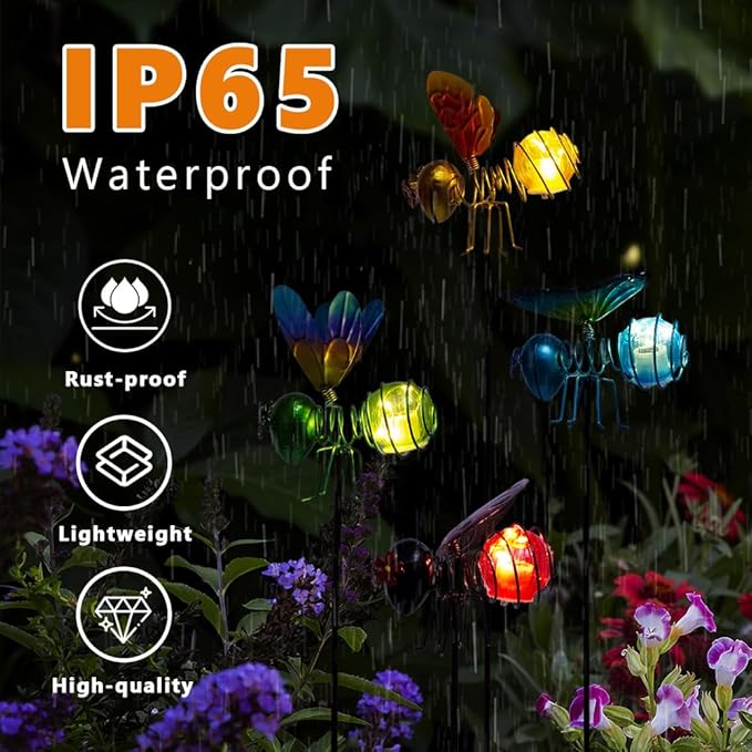 Insects Solar Garden Lights, 22.4" H Butterfly & Bee & Dragonfly & Ladybug Solar Stake Light, 4 Pcs Outdoor Statues | Lumora