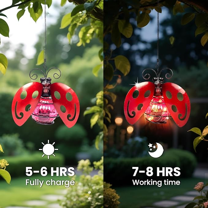 Solar Hanging Ladybug Lights LED Waterproof Powered Outdoor Garden Decor Light Unique Decorations for Sister Birthday Gardening Gifts for Mom Women Yard Path Front Porch Balcony Backyard
