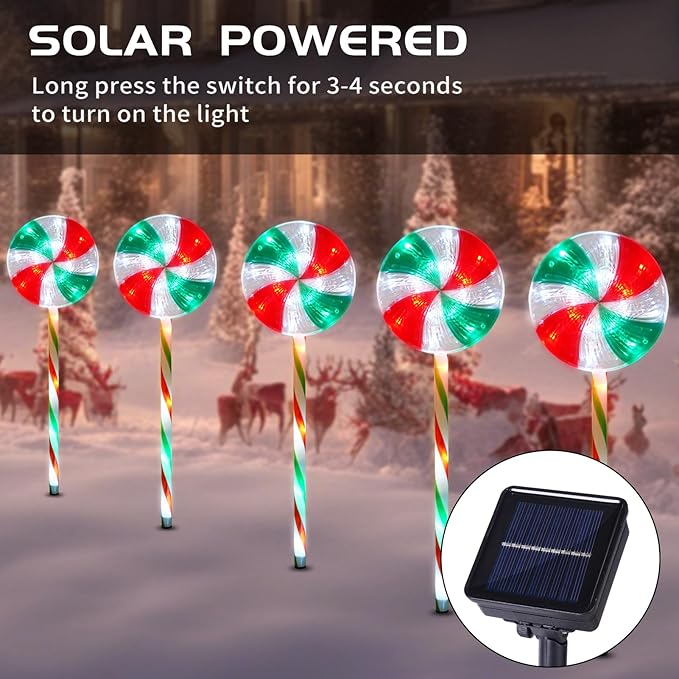 BRIGHTDECK Lollipop Solar Christmas Pathway Lights Outdoor, 5 Pack LED Christmas Decor with 8 Lighting Modes, Light Up Solar Stake Lights for Holiday, Xmas, Walkway, Sidewalk (RedGreen, 5 PCS)