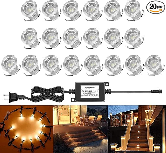 Recessed LED Deck Lighting Kits 12V Low Voltage Warm White Waterproof IP67,Led In Ground Lighting for Steps,Stair,Patio,Floor,Pool Deck,Kitchen,Outdoor LED Landscape Lighting(20Pack)