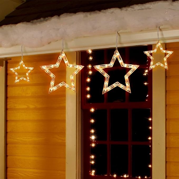 Minetom Christmas Star Icicle String Lights with 6 Drops - 9ft Star Window Lights with 100 Mini Bulbs, Plug-in Connectable Curtain Hanging Lights for Christmas Home Indoor Outdoor Party Holiday Decor