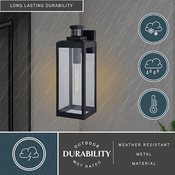 VAXCEL Kinzie Outdoor Porch Light, 6" W x 17.5" H Black Outdoor Lantern, Motion Sensor Wall Light for Porch, Patio | Lumora