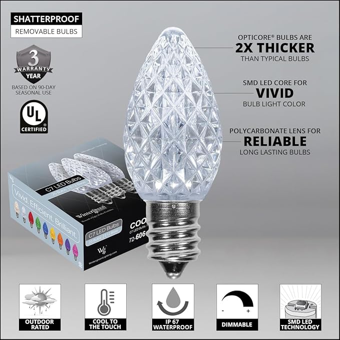 Wintergreen Lighting C7 Opticore Cool White Commercial Christmas Lights Outdoor Holiday Party Patio Bulbs on Heavy | Lumora
