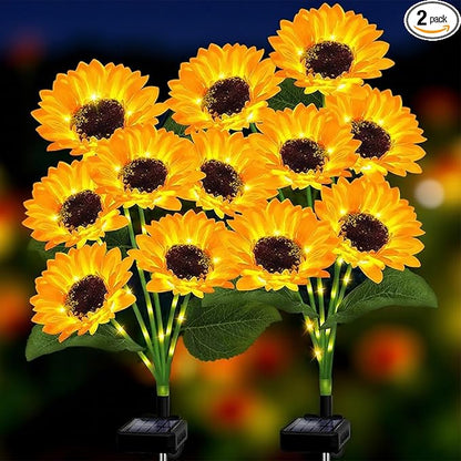 2 Pack Solar Garden Lights Outdoor Waterproof, Decorative Solarlights with 12 Sunflower, Solar Sunflower Lights for Outdoor Garden Yard Lawn Porch Backyard Pathway Decor, Gift for Mom Women (Yellow)
