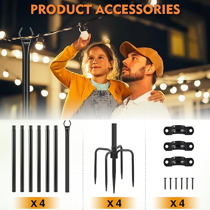 FEED GARDEN String Light Poles for Outside,9.8FT Metal Poles for Outdoor String Lights, Stand Poles for Deck | Lumora