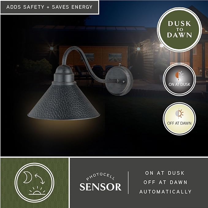 VAXCEL Outland 9.5 in. H 1-Light Aged Iron and Light Gold Dusk to Dawn Sensor Farmhouse Outdoor Wall Sconce, Gooseneck Metal Shade, Dark Sky Compliant for Exterior Porch Patio Front Door or Garage