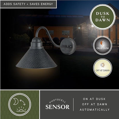 VAXCEL Outland 9.5 in. H 1-Light Aged Iron and Light Gold Dusk to Dawn Sensor Farmhouse Outdoor Wall Sconce, Gooseneck Metal Shade, Dark Sky Compliant for Exterior Porch Patio Front Door or Garage