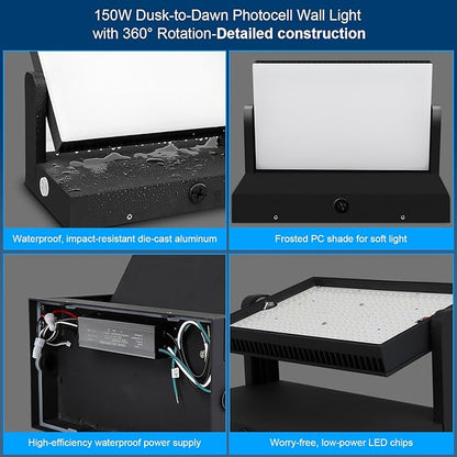 ledmo 150W LED Outdoor Wall Pack Light with Dusk to Down Photocell 360° Rotatable Head Commercial Security Light 21000lm IP68 5000k Floodlight Fixtures for Yard Building Barn Warehouse Shop