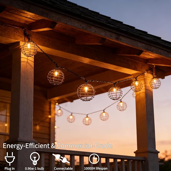 Decorative Indoor Outdoor String Lights, 10 Bulbs Patio Globe Vintage Lantern String Light, Iron Wire Twist Ball Covers, UL Listed Plug In Connectable Lights for Bedroom Porch Backyard Mantel Decor