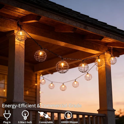 Decorative Indoor Outdoor String Lights, 10 Bulbs Patio Globe Vintage Lantern String Light, Iron Wire Twist Ball Covers, UL Listed Plug In Connectable Lights for Bedroom Porch Backyard Mantel Decor