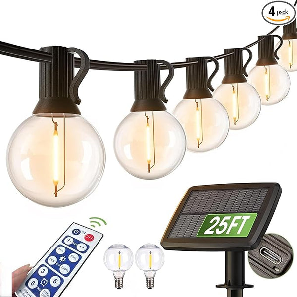 Solar Outdoor String Patio Bistro Lights, 25ft 27LED 3W G40 Bulbs, USB Rechargeable Portable Edison Café String | Lumora