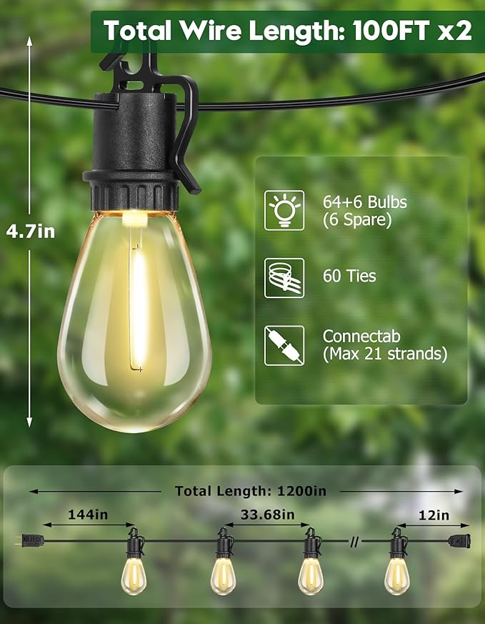 200FT Outdoor String Lights with 70 Shatterproof S14 Vintage Edison Bulbs E12 Sockets,2700K Dimmable Outdoor | Lumora