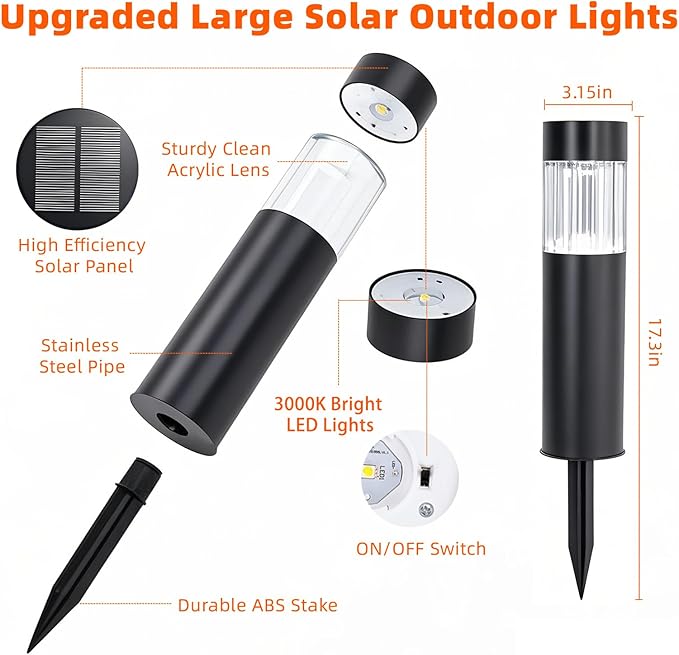 Sublume Solar Pathway Lights Outdoor, 4 Pack Large Stainless Steel Solar Garden Lights, 3000K Brighter Outdoor Solar LED Lights for Yard, Path, Walkway, Driveway, Sidewalk, Landscape Lighting
