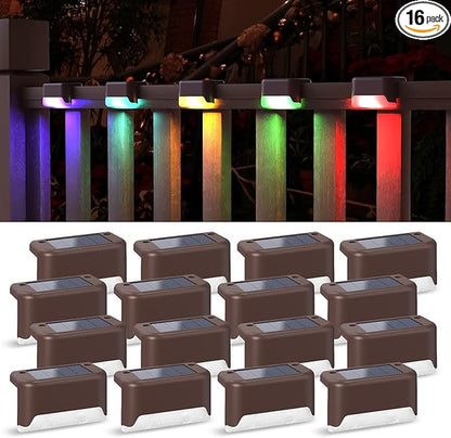 APONUO Solar Deck Lights 16 Pcs, Solar Step Lights Outdoor Waterproof RGB Fence Lamp for Steps,Backyard,Stairs and Railing