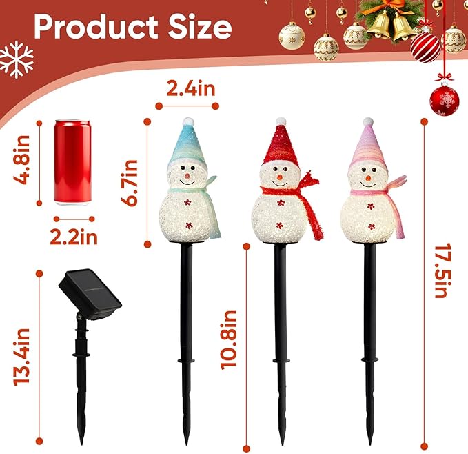 Homemory 3 Pack Solar Christmas Snowman Pathway Lights Outdoor Decor, Waterproof Lights Stakes for Winter Yard, Patio, Backyard, Porch, Lawn (Multicolor)