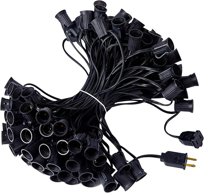 Minetom C9 Light Strand, 100 FT Christmas Stringer with 100 Sockets for Outdoor Patio Light, Connectable, Intermediate Base (C9/E17) - 12" Spacing, Black Wire, Note (Only Use for C9 LED Bulbs)