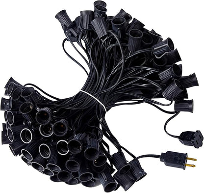 Minetom C9 Light Strand, 100 FT Christmas Stringer with 100 Sockets for Outdoor Patio Light, Connectable, Intermediate Base (C9/E17) - 12" Spacing, Black Wire, Note (Only Use for C9 LED Bulbs)