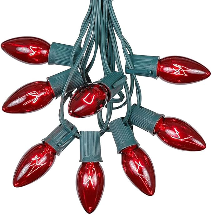 Novelty Lights C9 Red Christmas String Light Set - Outdoor Christmas Light String - Hanging Christmas Lights - Roofline Light String - Outdoor Patio String Lights - Green Wire - 25 Foot
