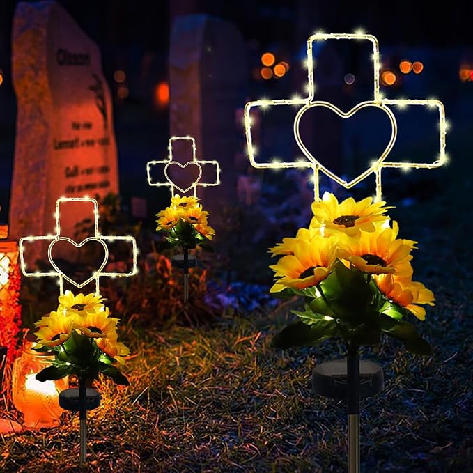 Lmtocs Solar Cross Cemetery Decorations for Grave, Memorial Sympathy Gift for Loss of Loved One Mom Dad, Grave Decorations for Birthday in Heaven Mother Day Fathery Day Memrial Christmas
