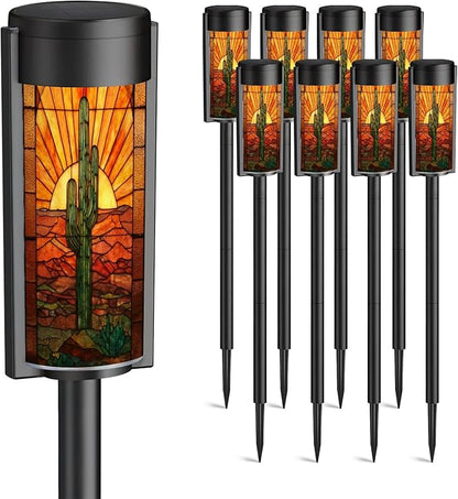 8 Pack Solar Pathway Lights Outdoor Waterproof Vibrant Cactus Desert Sunset Stained Glass Western Border Solar Garden Lights LED Landscape Lighting for Yard Walkway Lawn Garden Decor