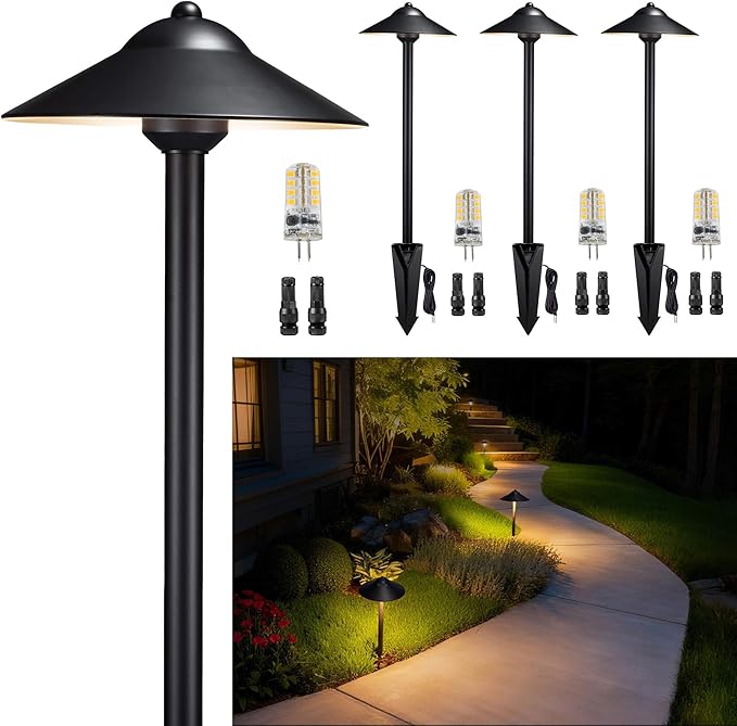 Gardenreet Solid Brass Landscape Path Lights (9" Shade, 23.5" Tall) - Low Voltage Pathway Light Wired, 12v IP65 Outdoor Area Lighting, LED Black for Garden Yard Driveway with 3W 3000K G4 Bulb (4 Pack)