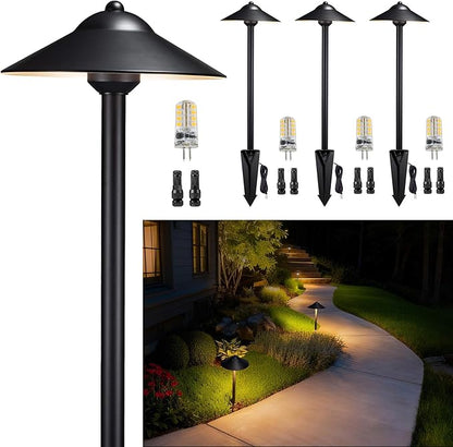 Gardenreet Solid Brass Landscape Path Lights (9" Shade, 23.5" Tall) - Low Voltage Pathway Light Wired, 12v IP65 Outdoor Area Lighting, LED Black for Garden Yard Driveway with 3W 3000K G4 Bulb (4 Pack)