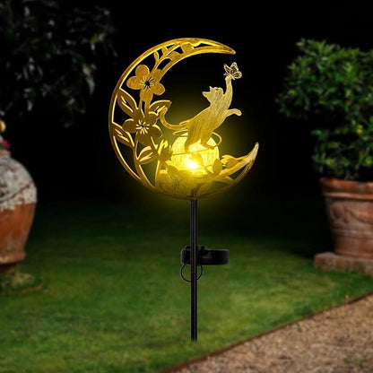 Cat Solar Lights Moon Garden Decor, Cat Gift for Women, Garden-Cracked Glass Ball Solar Lights, Unique Gift Ideas for Gardening Mom Grandma, Outdoor Decorations Patio Yard Lawn Backyard Decor