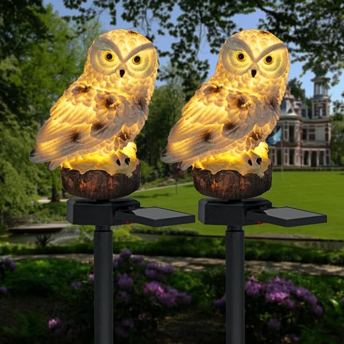 Solar Owl Outdoor Garden Light, 2 Pack Outdoor Path Solar Powered Owl Stake Lights for Walkway Yard Lawn Landscape Lighting (White Owl)