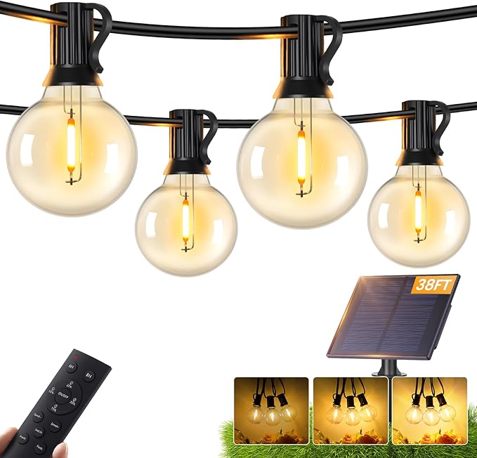 Brightever 38FT Solar String Lights Outdoor with Remote and 15+1 LED Shatterproof G40 Bulbs, Dimmable & Timable, 3 Lighting Modes, Waterproof Solar Power Patio Lights for Outside, Party, Cafe, Bistro