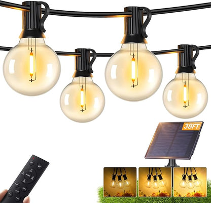 Brightever 38FT Solar String Lights Outdoor with Remote and 15+1 LED Shatterproof G40 Bulbs, Dimmable & Timable, 3 Lighting Modes, Waterproof Solar Power Patio Lights for Outside, Party, Cafe, Bistro