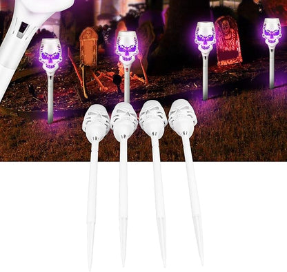 Fockety Solar Halloween Lights, 4Pcs Skull Light Solar Torch Light with Flickering Flam, IP65 Solar Pathway Lights for Outside Garden Yard Patio Pathway Halloween Decoratrions