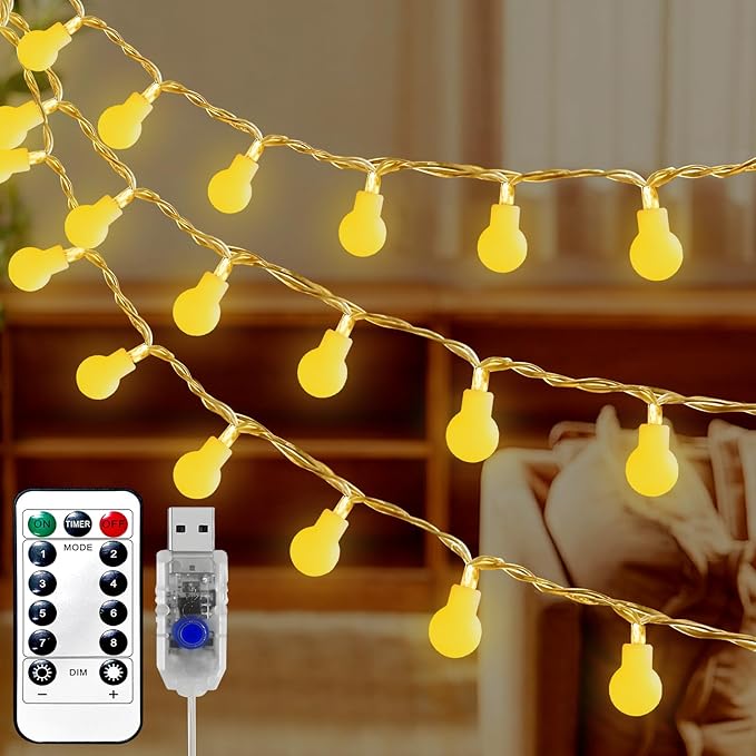 KNONEW USB Mini Fairy Lights, 43Ft 100 LED Globe String Lights, 8 Modes String Lights, Globe Lights for Indoor Outdoor Bedroom Living Room Wedding Party Garden Decor, Warm White