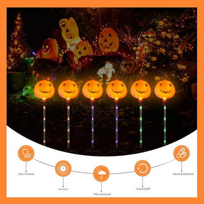 Halloween Pumpkin Stake Lights, 6 Pack Outdoor Decorative Solar Pumpkin Lights, Waterproof Halloween Decorations for Party, Patio, Garden, Lawn & Yard Decor