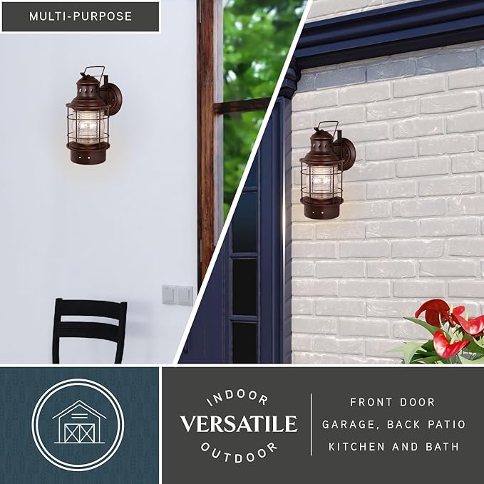 VAXCEL Hyannis 18 in. H 1-Light Burnished Bronze Coastal Outdoor Wall Sconce Made of Durable Steel, Clear Ribbed Glass Shade, LED Compatible, Use for Exterior Porch Patio Front Door or Garage