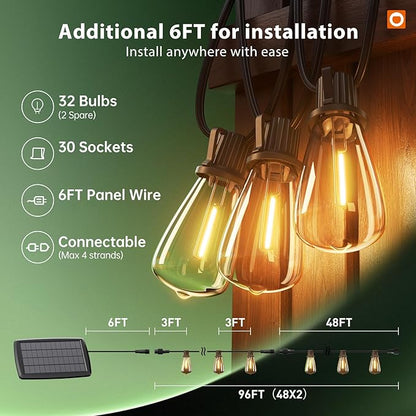 addlon 102FT(96+6) Solar String Lights Outdoor with Remote, Waterproof Patio Lights with 30 Shatterproof LED Bulbs, 30H+ Long-Lasting Dimmable & Timable Solar Light for Backyard Camping Garden Decor