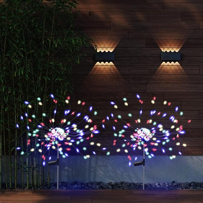 2 Pack 175 LED Solar Firework Lights Outdoor, 4th of July 2 Modes Solar Garden Light Waterproof Twinkling Light, Starburst Lights for Landscape Path Halloween Christmas Decor （Colorful）