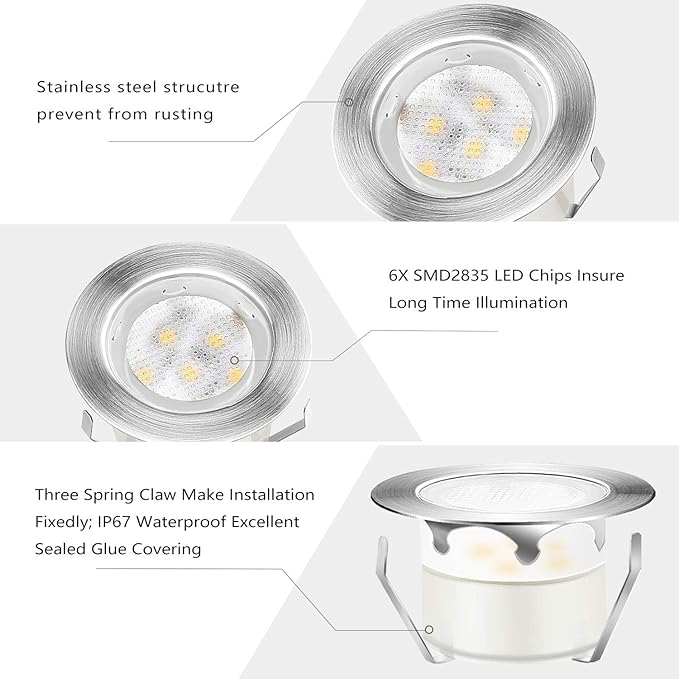 Led Deck Lights Outdoor Waterproof Low Voltage Stainless Steel 1W Outdoor Yard Garden Decoration Lamps Landscape Pathway Patio Step Stairs LED In-ground Lights Silver Border(10pcs, Warm White)